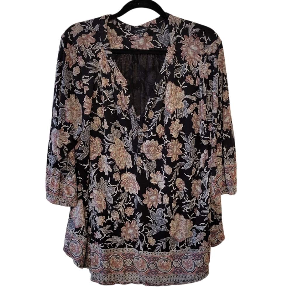 Lucky Brand Gray & Black Floral Peasant Blouse‎ Size 3X